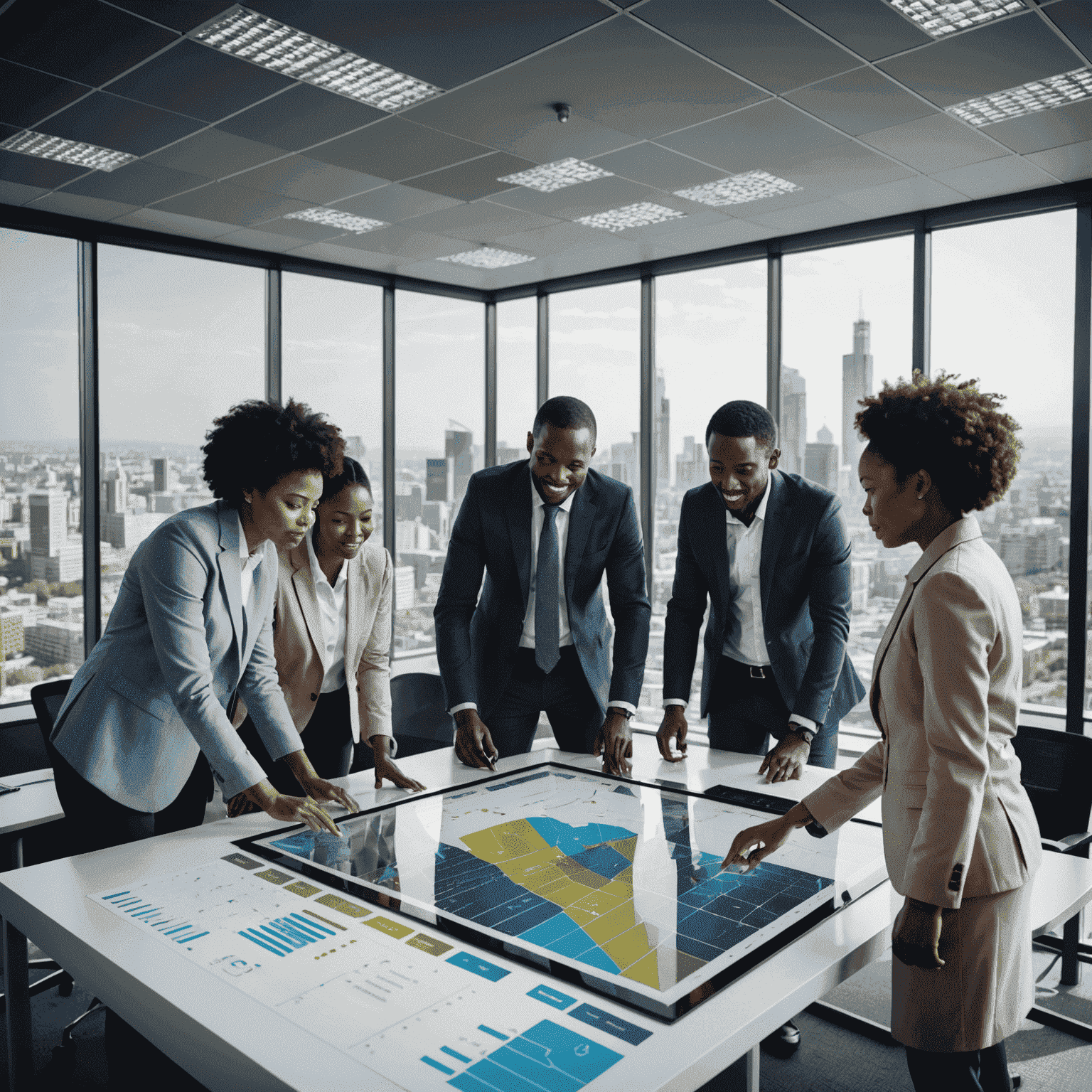 A team of diverse consultants working together on a large touchscreen, analyzing data and charts related to public sector optimization in South Africa. The image showcases modern office space with the Johannesburg skyline visible through large windows.