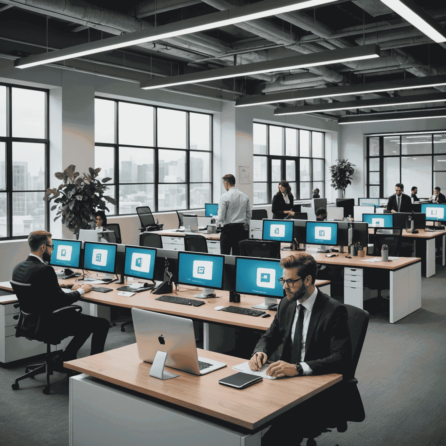 A modern office space with government officials working on computers, showcasing digital transformation in action