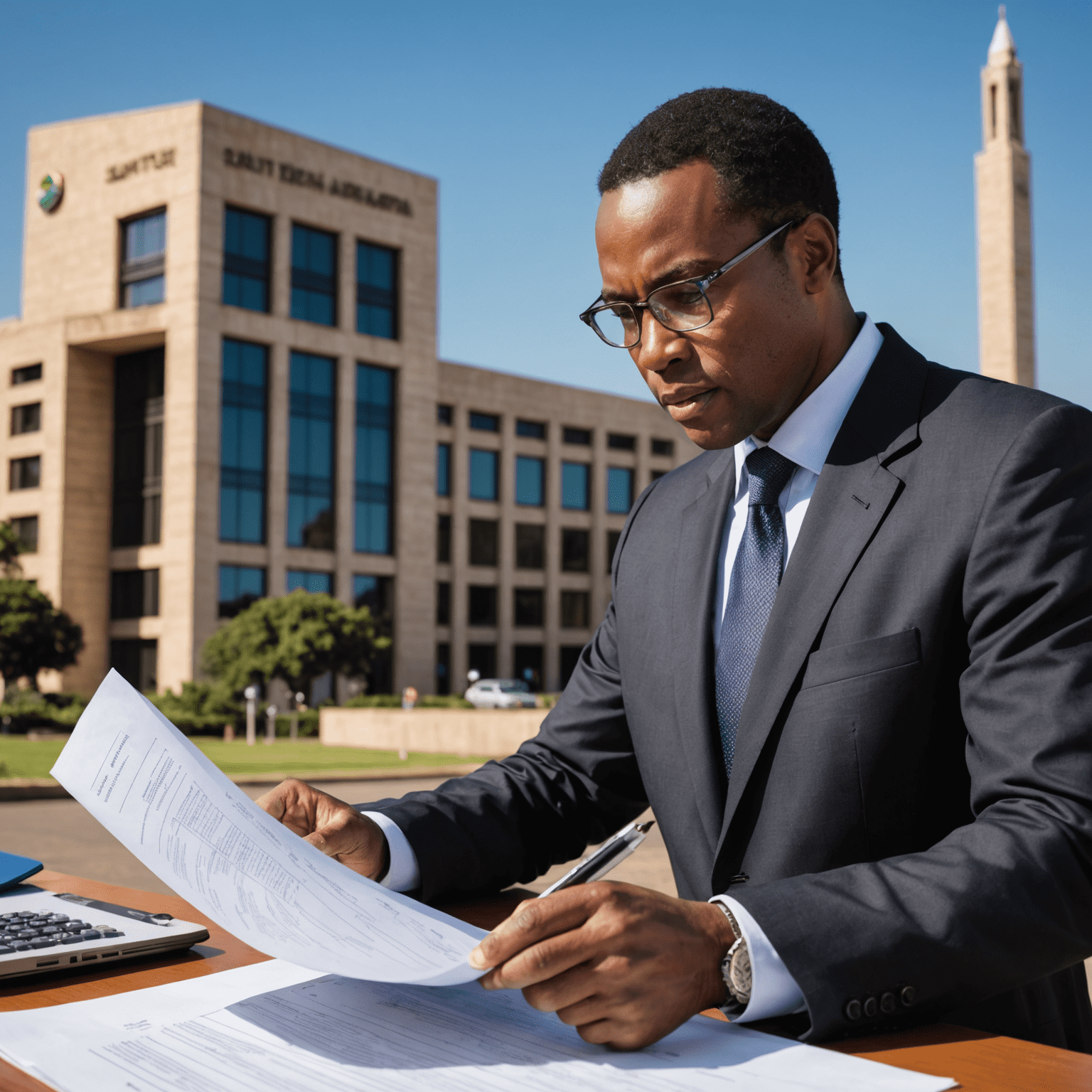 A professional auditor reviewing financial documents with a South African government building in the background