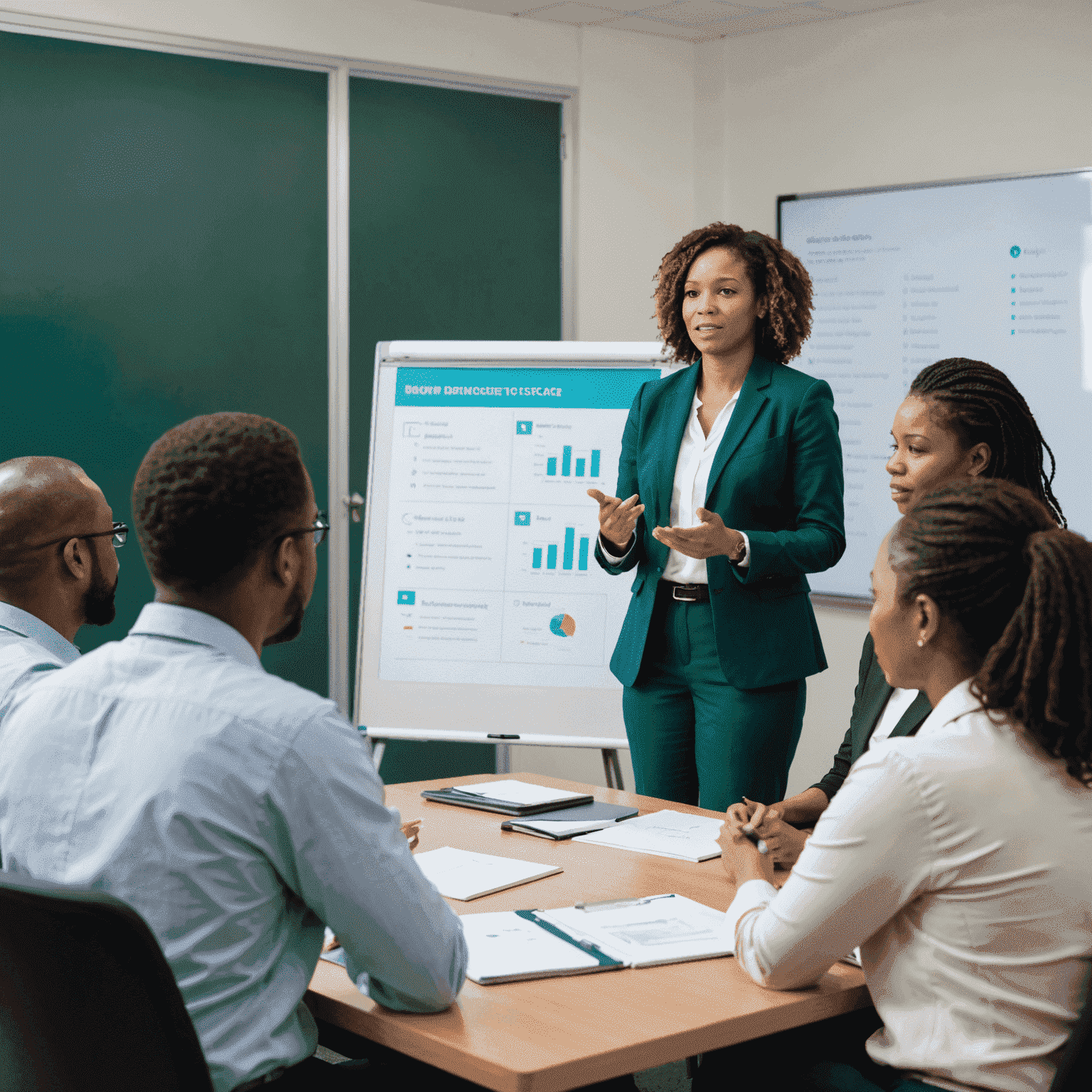 A group of diverse South African public sector employees engaged in a training session, with a facilitator at the front using an interactive whiteboard