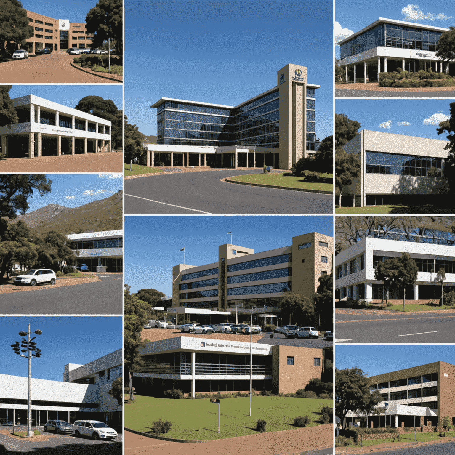 A montage showcasing various South African public sector buildings and services, including hospitals, schools, and government offices. The image is overlaid with positive performance charts and graphs, illustrating the improvements achieved through FinConfPq's consulting services.