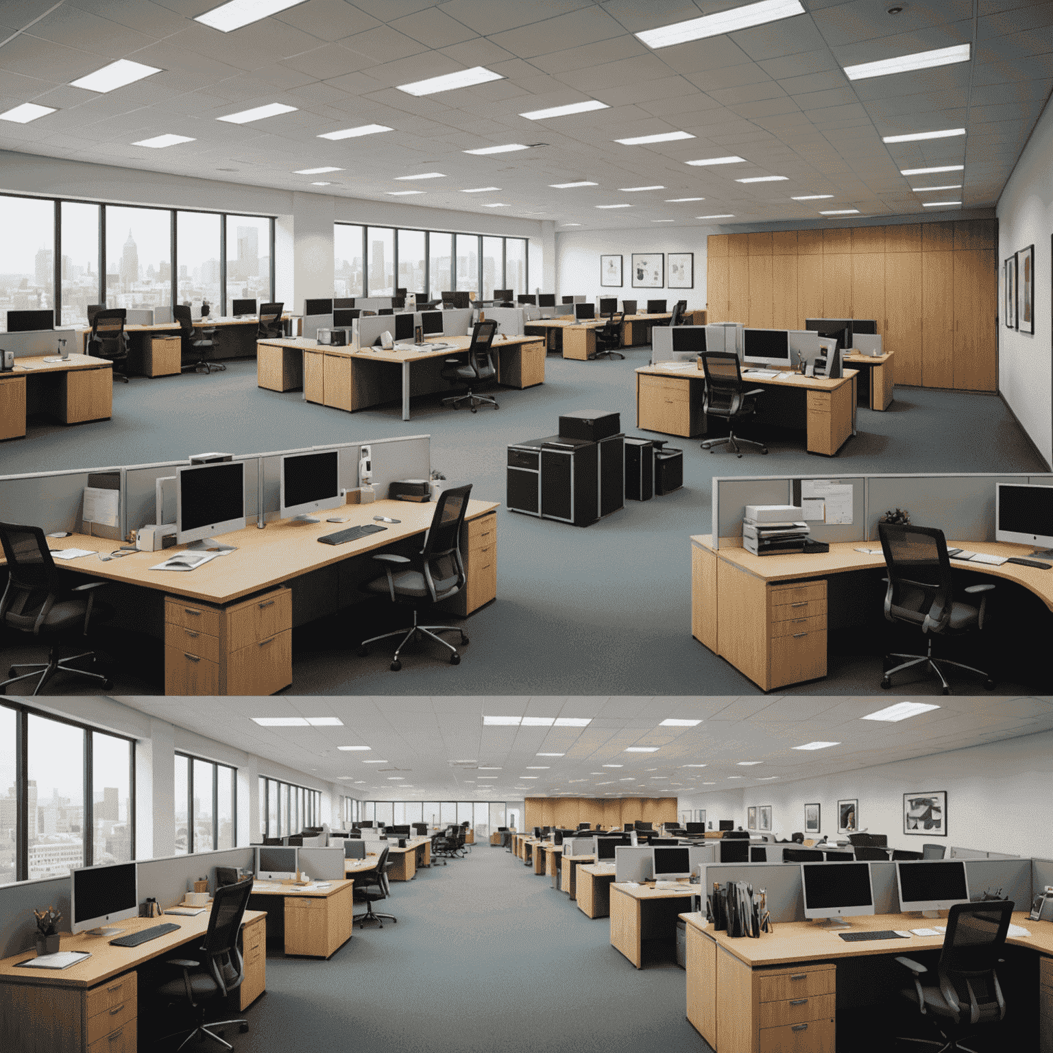 Before and after comparison of a government office. Left side shows cluttered desks and long queues, right side displays a modern, efficient workspace with satisfied citizens and employees.