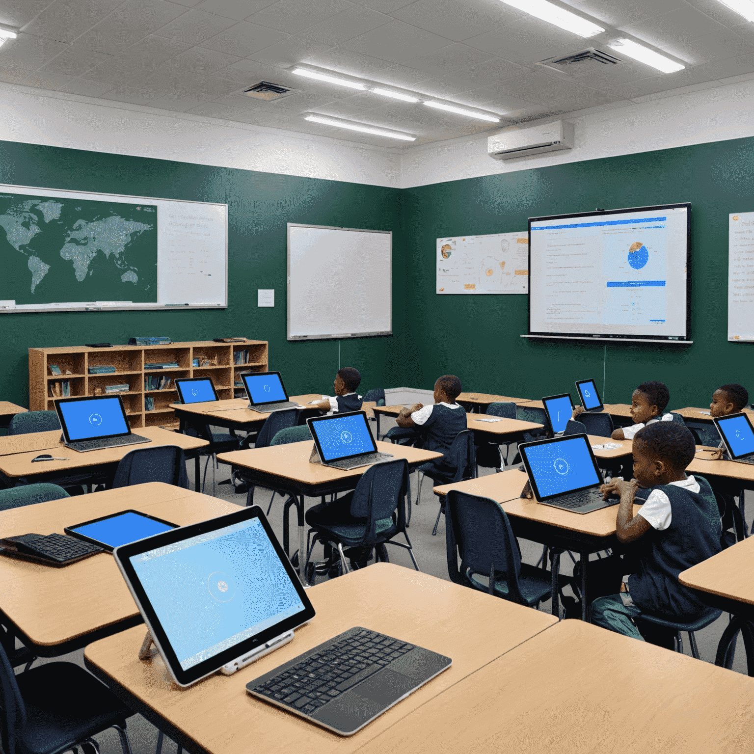 A classroom equipped with tablets and interactive whiteboards, showcasing the digital transformation in SA's education sector