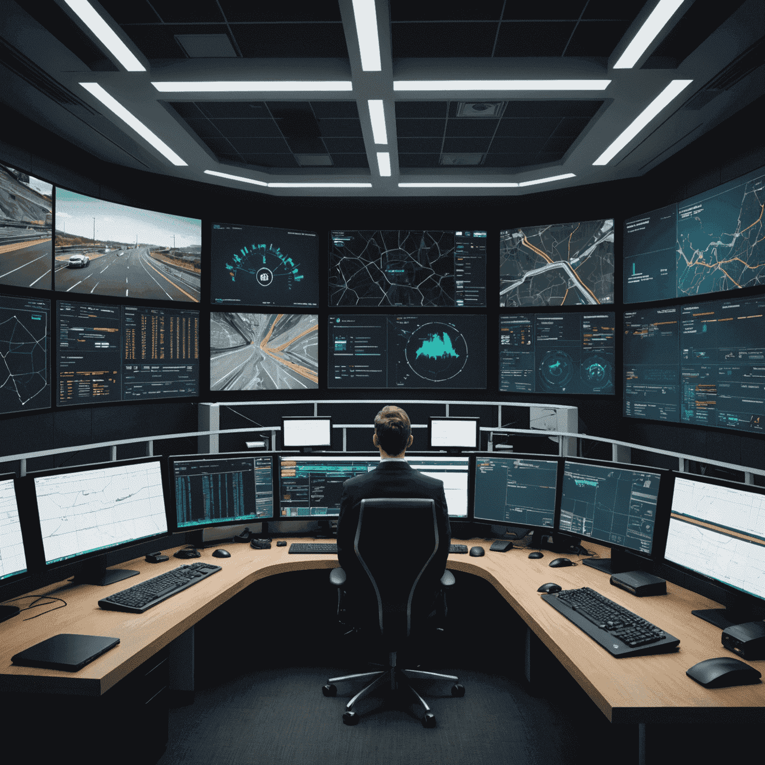 A control room with large screens displaying real-time traffic data and AI-powered traffic management systems